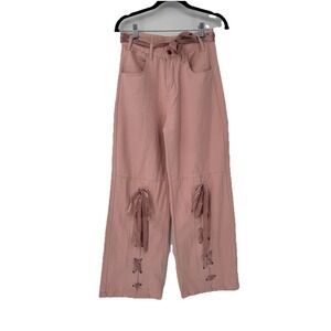 Wide Leg Jeans High Waist Pink Lace String Details Kawaii Gorpcore Coquette S